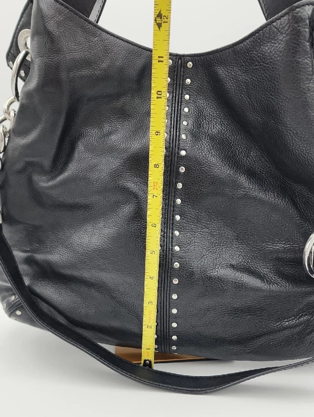 Michael Kors Uptown Astir Tortuga Black Leather Studded Chain-Accent Hobo